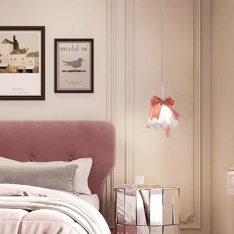Pantalla de flor de vidrio decorada con lazo romántico tradicional francés, lámpara colgante de 1 luz para comedor 