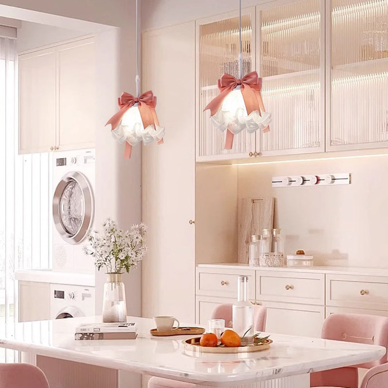 Pantalla de flor de vidrio decorada con lazo romántico tradicional francés, lámpara colgante de 1 luz para comedor 