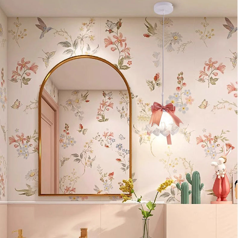 Pantalla de flor de vidrio decorada con lazo romántico tradicional francés, lámpara colgante de 1 luz para comedor 