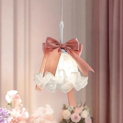 Pantalla de flor de vidrio decorada con lazo romántico tradicional francés, lámpara colgante de 1 luz para comedor 