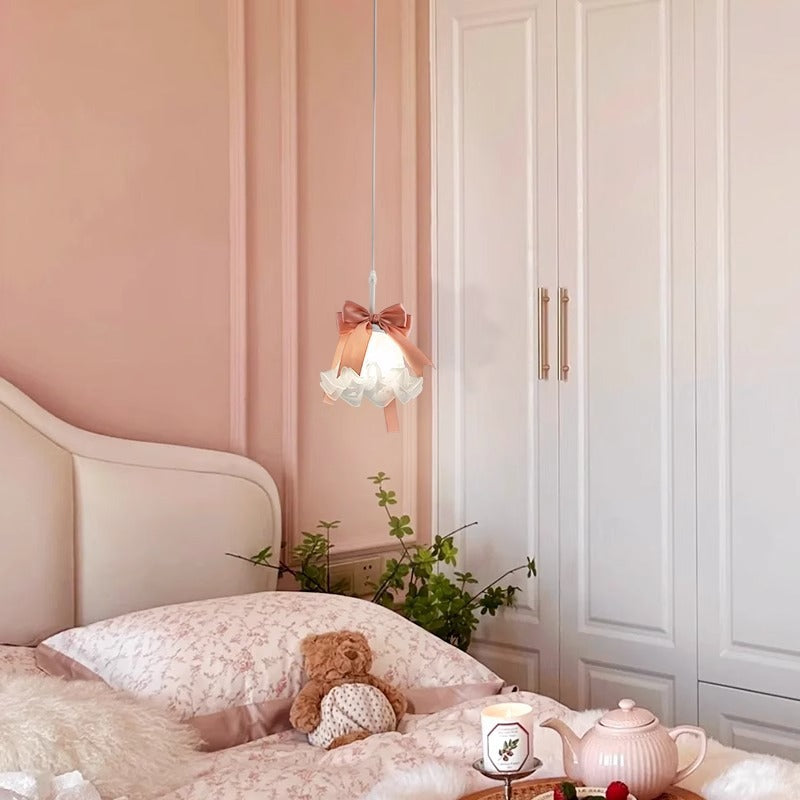 Pantalla de flor de vidrio decorada con lazo romántico tradicional francés, lámpara colgante de 1 luz para comedor 