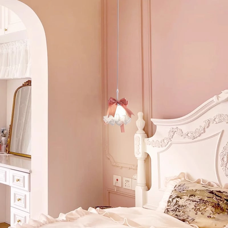 Pantalla de flor de vidrio decorada con lazo romántico tradicional francés, lámpara colgante de 1 luz para comedor 