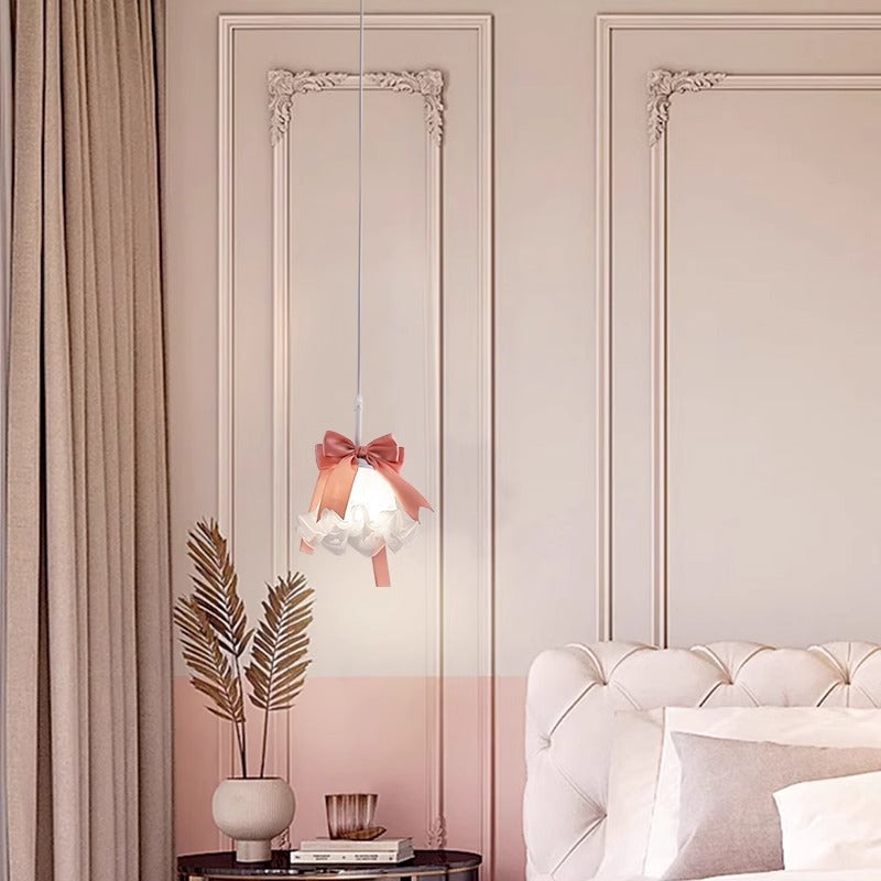 Pantalla de flor de vidrio decorada con lazo romántico tradicional francés, lámpara colgante de 1 luz para comedor 