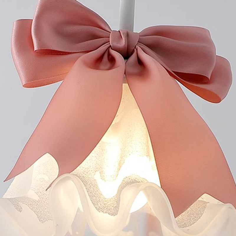 Pantalla de flor de vidrio decorada con lazo romántico tradicional francés, lámpara colgante de 1 luz para comedor 