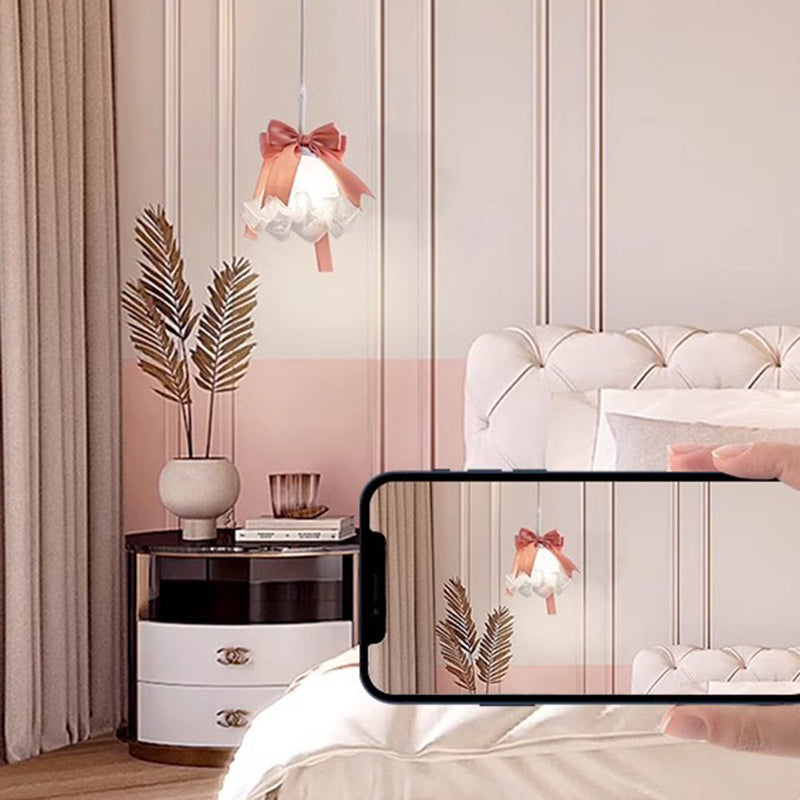 Pantalla de flor de vidrio decorada con lazo romántico tradicional francés, lámpara colgante de 1 luz para comedor 