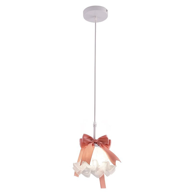Pantalla de flor de vidrio decorada con lazo romántico tradicional francés, lámpara colgante de 1 luz para comedor 