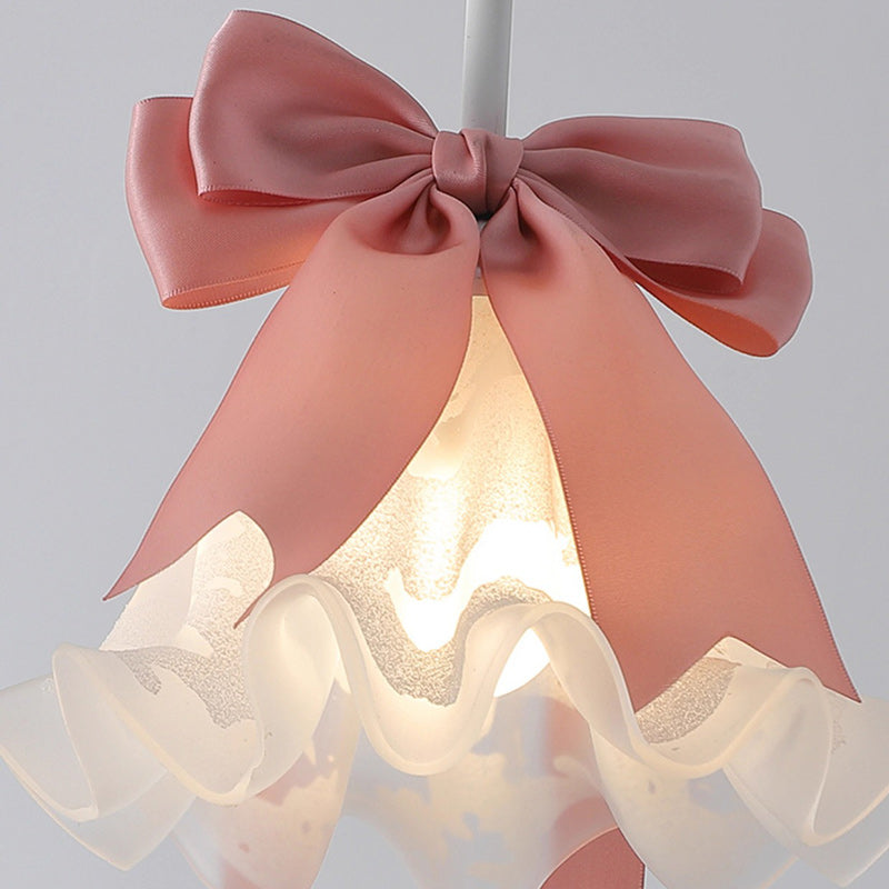 Pantalla de flor de vidrio decorada con lazo romántico tradicional francés, lámpara colgante de 1 luz para comedor 