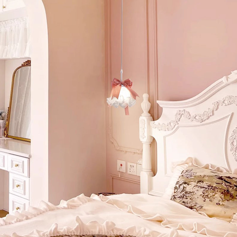 Pantalla de flor de vidrio decorada con lazo romántico tradicional francés, lámpara colgante de 1 luz para comedor 