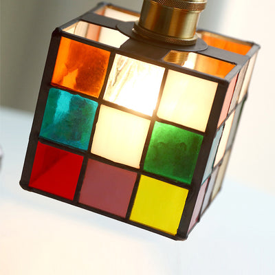 Traditionelle Tiffany-Buntglas-Dreieck-Rubik's-Würfel-Messing-1-Licht-Pendelleuchte für das Esszimmer 