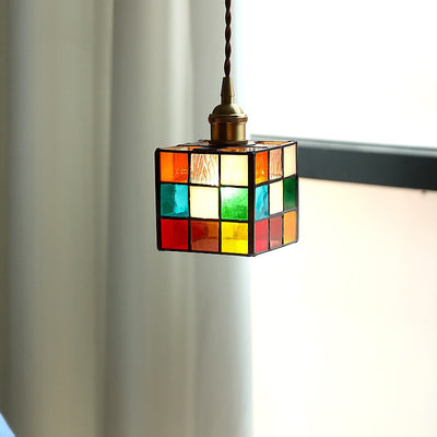 Traditionelle Tiffany-Buntglas-Dreieck-Rubik's-Würfel-Messing-1-Licht-Pendelleuchte für das Esszimmer 