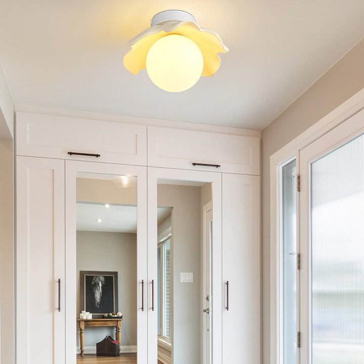 Traditional French Resin Flower PE Ball Shade 1-Light Semi-Flush Mount Ceiling Light For Living Room