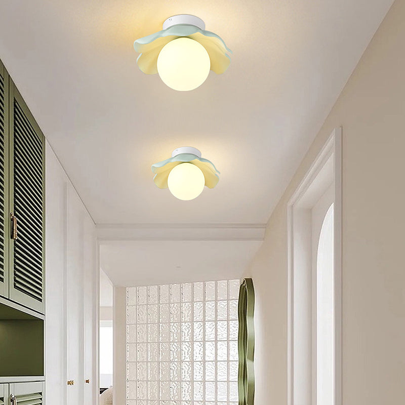 Traditional French Resin Flower PE Ball Shade 1-Light Semi-Flush Mount Ceiling Light For Living Room