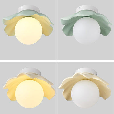 Traditionelle französische Harzblume PE Kugelschirm 1-Licht Semi-Flush Deckenleuchte für Wohnzimmer 