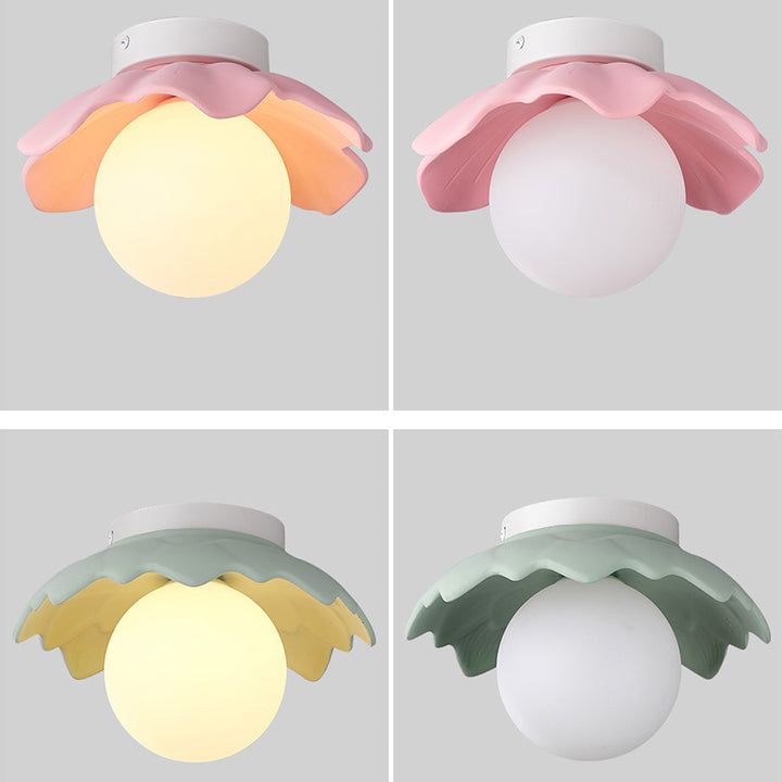 Traditional French Resin Flower PE Ball Shade 1-Light Semi-Flush Mount Ceiling Light For Living Room