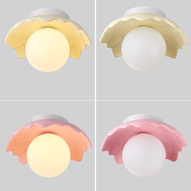 Traditional French Resin Flower PE Ball Shade 1-Light Semi-Flush Mount Ceiling Light For Living Room