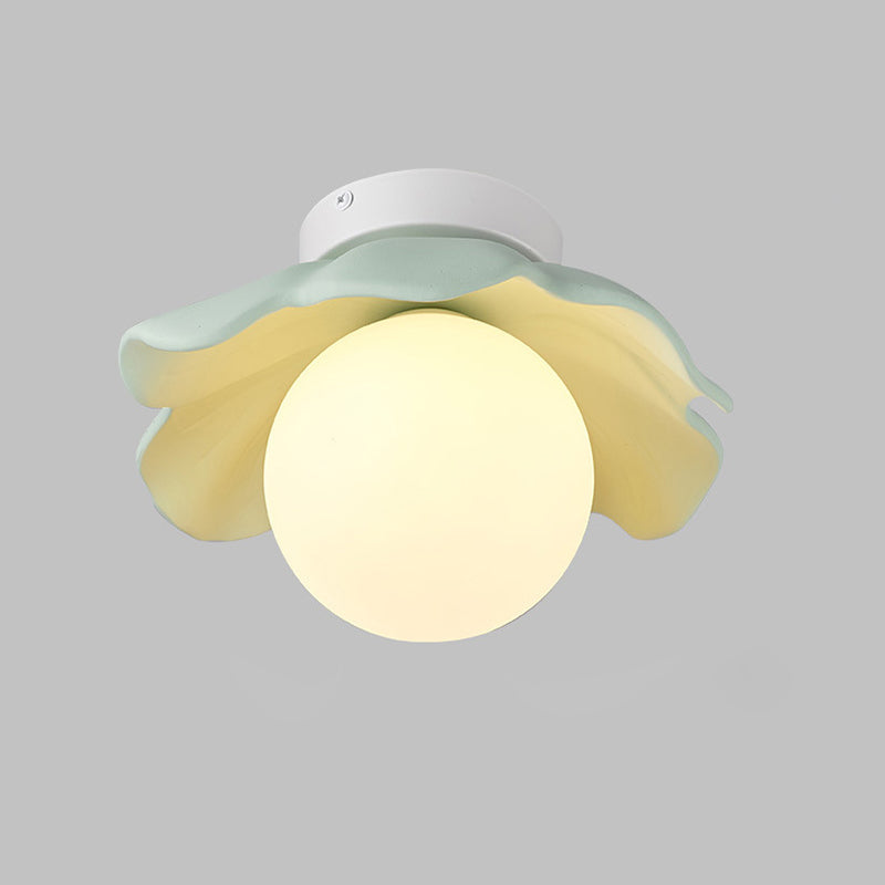 Traditionelle französische Harzblume PE Kugelschirm 1-Licht Semi-Flush Deckenleuchte für Wohnzimmer 
