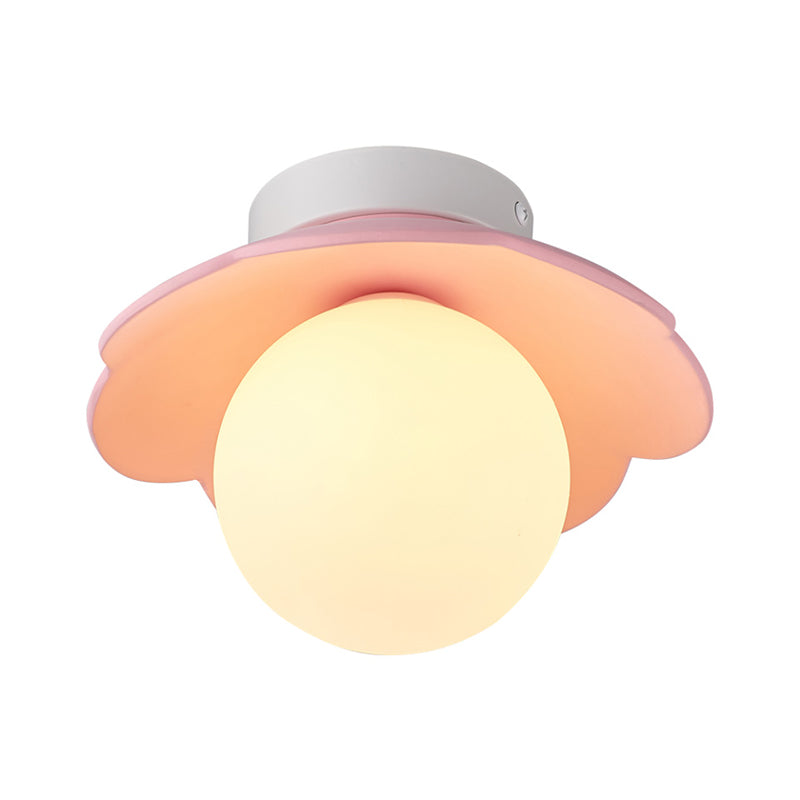 Traditionelle französische Harzblume PE Kugelschirm 1-Licht Semi-Flush Deckenleuchte für Wohnzimmer 