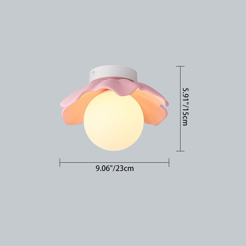 Traditionelle französische Harzblume PE Kugelschirm 1-Licht Semi-Flush Deckenleuchte für Wohnzimmer 