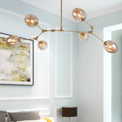 Zeitgenössische Mid-Century Eisenast Glasbecher Schirm 6/7-Licht Kronleuchter für Wohnzimmer 