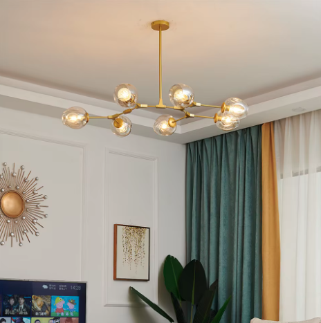 Lustre contemporain de style mi-siècle avec abat-jour en verre et branches en fer à 6/7 lumières pour salon 
