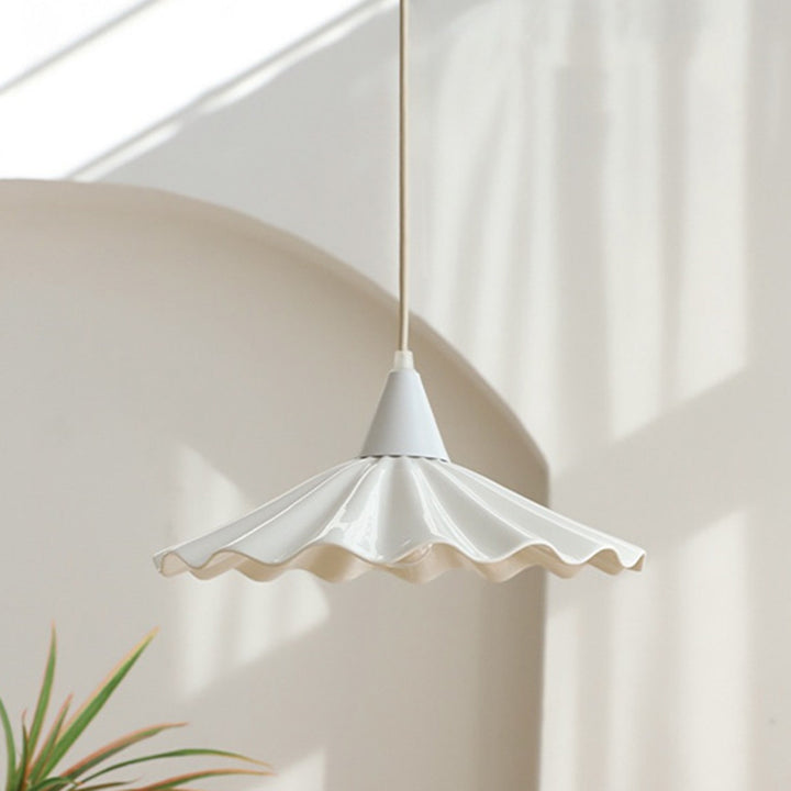 Traditional French Iron Ceramic Pleated Umbrella Shade 1-Light Pendant Light For Living Room