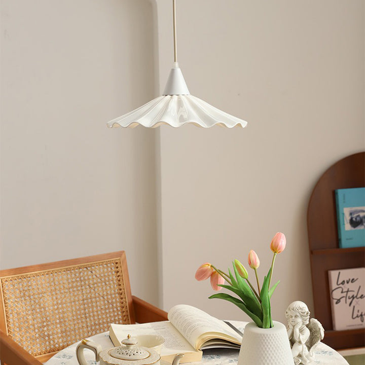 Traditional French Iron Ceramic Pleated Umbrella Shade 1-Light Pendant Light For Living Room