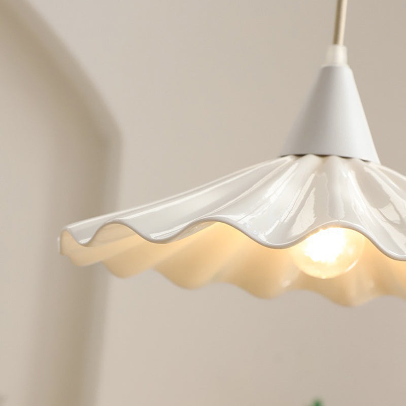 Traditional French Iron Ceramic Pleated Umbrella Shade 1-Light Pendant Light For Living Room