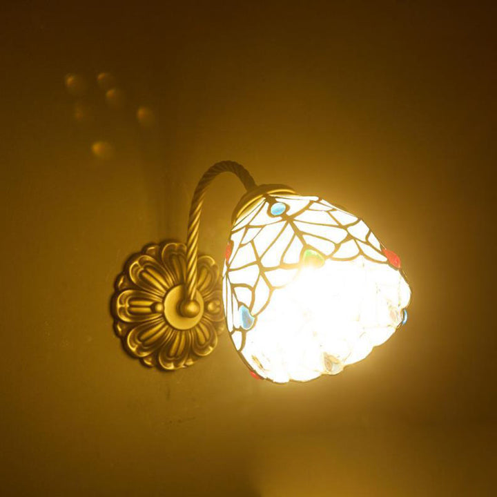 Pantalla redonda de vidrio teñido con patrón floral tradicional Tiffany, lámpara de aplique de pared de una luz para comedor 