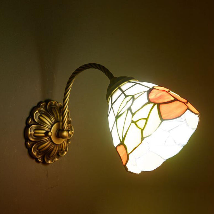 Pantalla redonda de vidrio teñido con patrón floral tradicional Tiffany, lámpara de aplique de pared de una luz para comedor 
