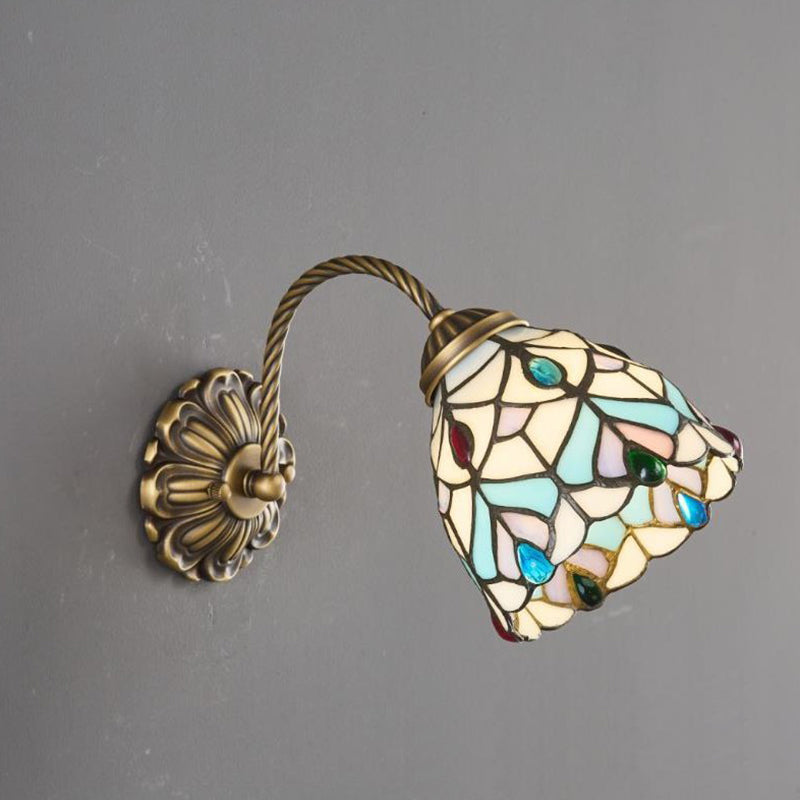 Pantalla redonda de vidrio teñido con patrón floral tradicional Tiffany, lámpara de aplique de pared de una luz para comedor 
