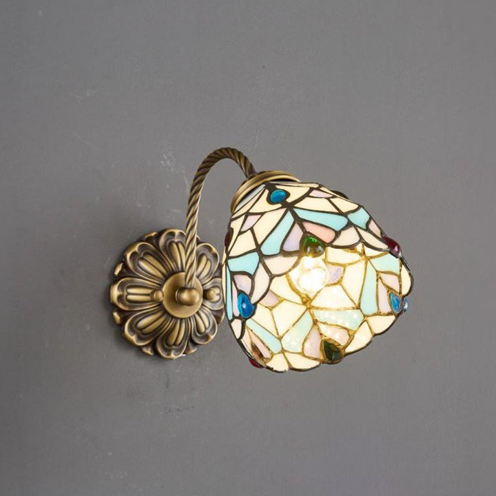 Pantalla redonda de vidrio teñido con patrón floral tradicional Tiffany, lámpara de aplique de pared de una luz para comedor 