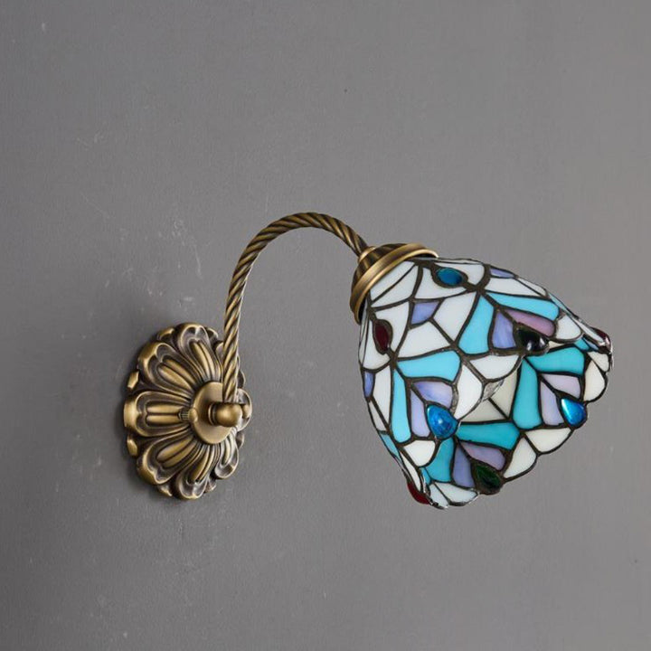 Pantalla redonda de vidrio teñido con patrón floral tradicional Tiffany, lámpara de aplique de pared de una luz para comedor 