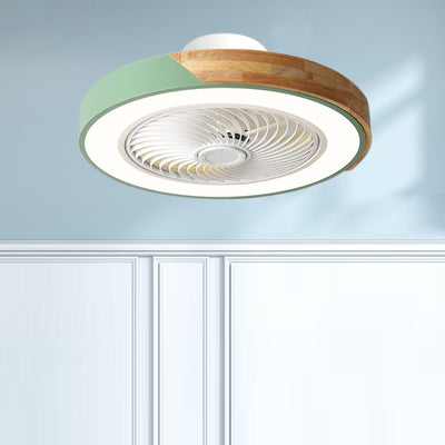 Zeitgenössischer skandinavischer runder Eisen-Massivholz-LED-leiser halb bündiger Deckenventilator mit Licht für das Schlafzimmer 