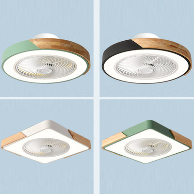 Zeitgenössischer skandinavischer runder Eisen-Massivholz-LED-leiser halb bündiger Deckenventilator mit Licht für das Schlafzimmer 