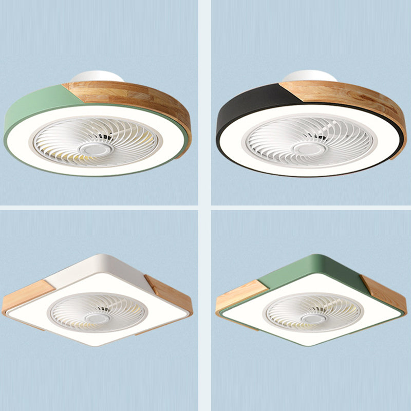 Zeitgenössischer skandinavischer runder Eisen-Massivholz-LED-leiser halb bündiger Deckenventilator mit Licht für das Schlafzimmer 