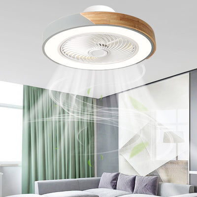 Zeitgenössischer skandinavischer runder Eisen-Massivholz-LED-leiser halb bündiger Deckenventilator mit Licht für das Schlafzimmer 