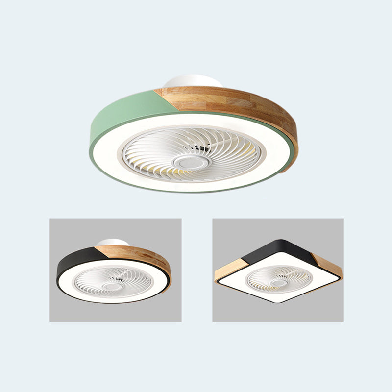 Zeitgenössischer skandinavischer runder Eisen-Massivholz-LED-leiser halb bündiger Deckenventilator mit Licht für das Schlafzimmer 