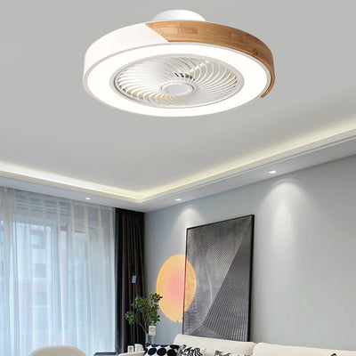 Zeitgenössischer skandinavischer runder Eisen-Massivholz-LED-leiser halb bündiger Deckenventilator mit Licht für das Schlafzimmer 