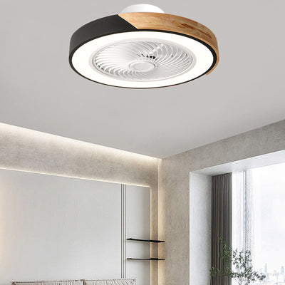 Zeitgenössischer skandinavischer runder Eisen-Massivholz-LED-leiser halb bündiger Deckenventilator mit Licht für das Schlafzimmer 