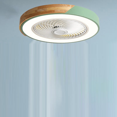 Zeitgenössischer skandinavischer runder Eisen-Massivholz-LED-leiser halb bündiger Deckenventilator mit Licht für das Schlafzimmer 