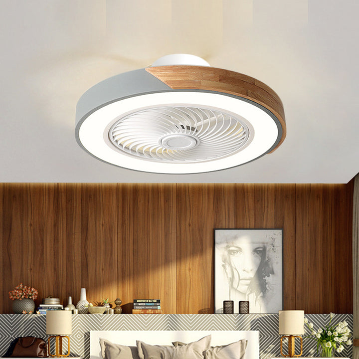 Contemporary Scandinavian Round Iron Solid Wood LED Silent Semi-Flush Mount Ceiling Fan Light For Bedroom