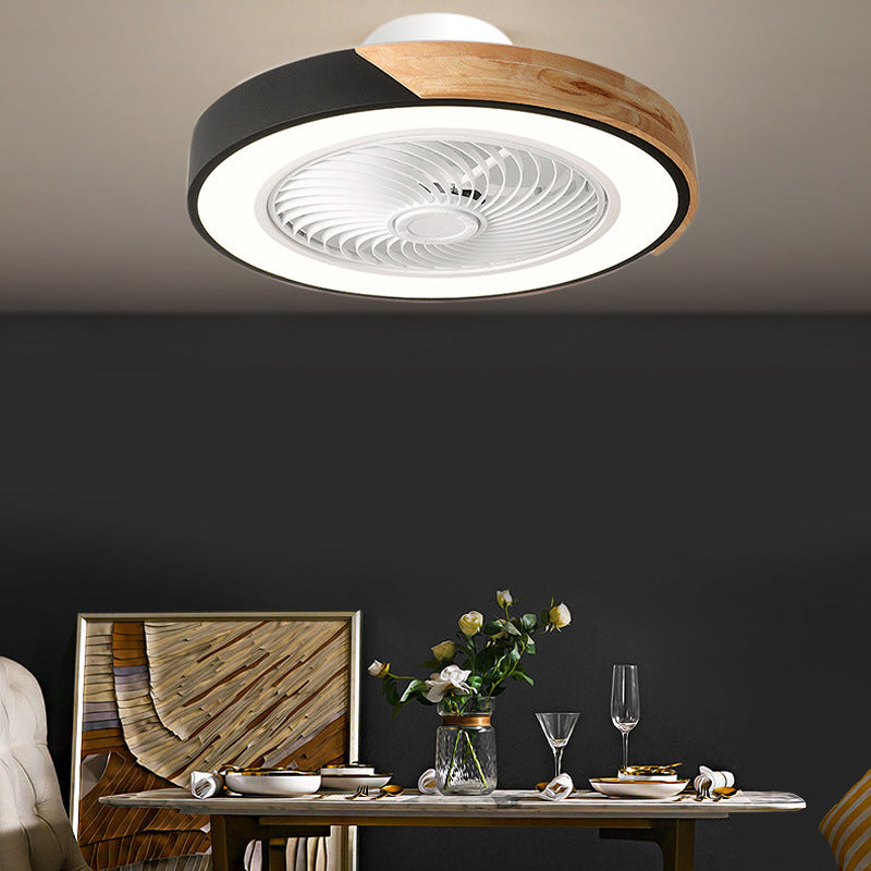 Zeitgenössischer skandinavischer runder Eisen-Massivholz-LED-leiser halb bündiger Deckenventilator mit Licht für das Schlafzimmer 