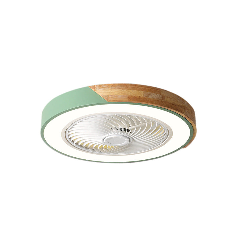 Zeitgenössischer skandinavischer runder Eisen-Massivholz-LED-leiser halb bündiger Deckenventilator mit Licht für das Schlafzimmer 