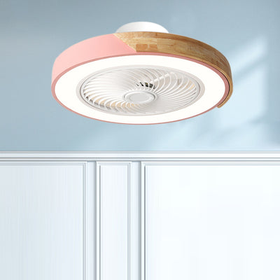 Zeitgenössischer skandinavischer runder Eisen-Massivholz-LED-leiser halb bündiger Deckenventilator mit Licht für das Schlafzimmer 
