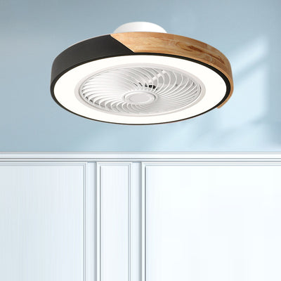 Zeitgenössischer skandinavischer runder Eisen-Massivholz-LED-leiser halb bündiger Deckenventilator mit Licht für das Schlafzimmer 