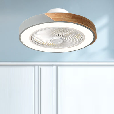 Zeitgenössischer skandinavischer runder Eisen-Massivholz-LED-leiser halb bündiger Deckenventilator mit Licht für das Schlafzimmer 