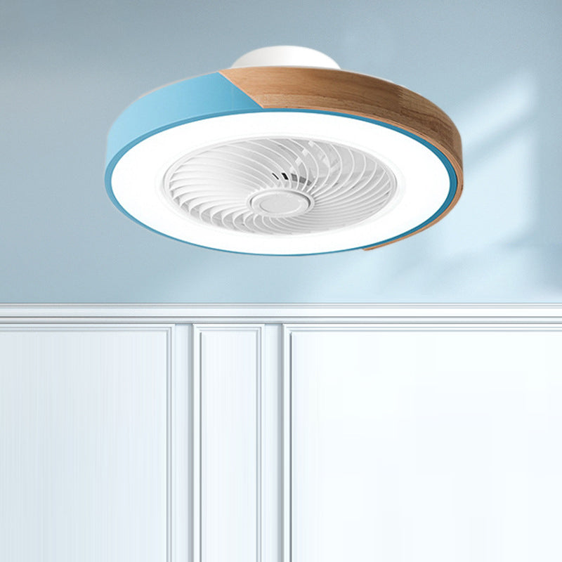 Contemporary Scandinavian Round Iron Solid Wood LED Silent Semi-Flush Mount Ceiling Fan Light For Bedroom