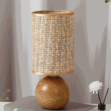 Zeitgenössische Boho Stoffzylinder Schirm Keramikbasis 1-Licht Tischlampe für das Studium 