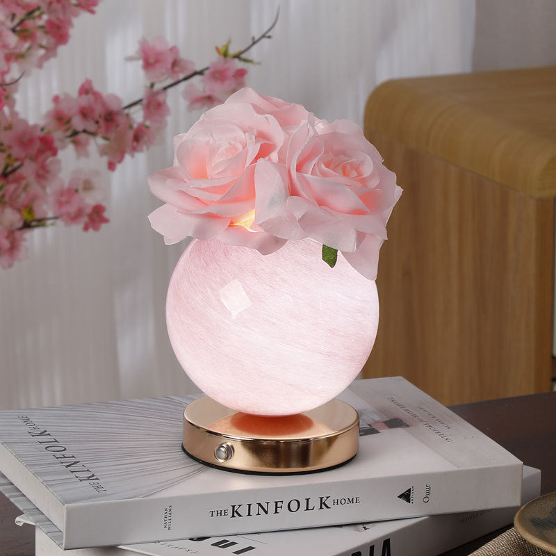 Moderne Art Deco Simulierte Rosenblume Glas Planeten-Schirm USB Wiederaufladbare LED Tischlampe Nachtlicht Für Schlafzimmer 