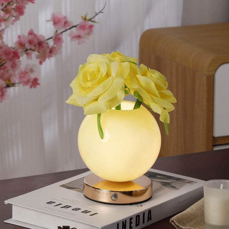 Moderne Art Deco Simulierte Rosenblume Glas Planeten-Schirm USB Wiederaufladbare LED Tischlampe Nachtlicht Für Schlafzimmer 
